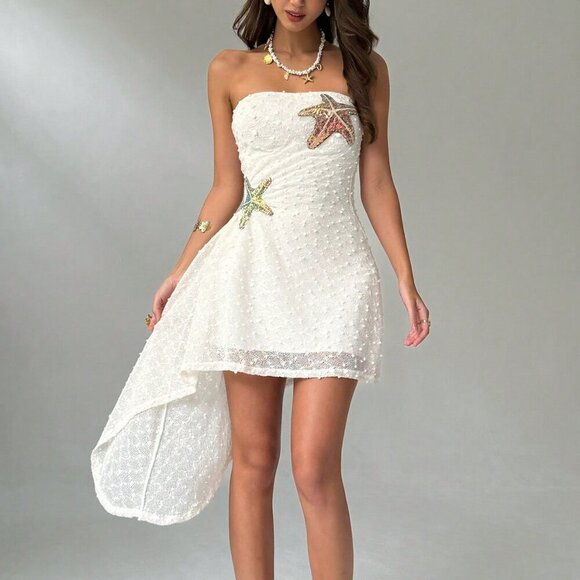 Elegant Women's Starfish Sequin Print Ruched Bandeau Mini Dress - Picture 6 of 7